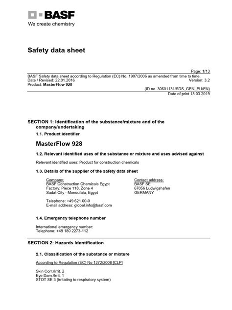 Masterflow 928 Msds | PDF | Labor Relations | Occupational Safety And Health