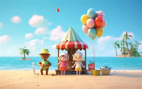 Premium AI Image | 3d kids cartoon characters on the beach enjoying ...