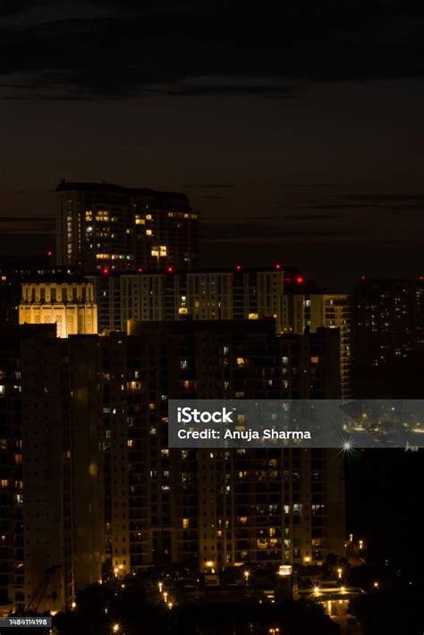 Gurugram City Aerial Skyline At Night Stock Photo - Download Image Now - Aerial View, Apartment ...