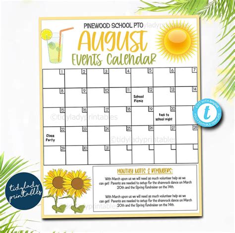 Editable August Events Calendar | School Year Fundraiser Event — TidyLady Printables