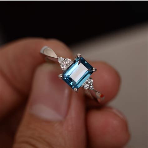 London Blue Topaz Ring Emerald Cut Gemstone Ring Sterling | Etsy