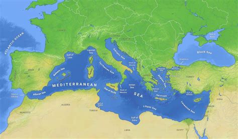 Map of the Mediterranean Sea, showing the different internal seas ...