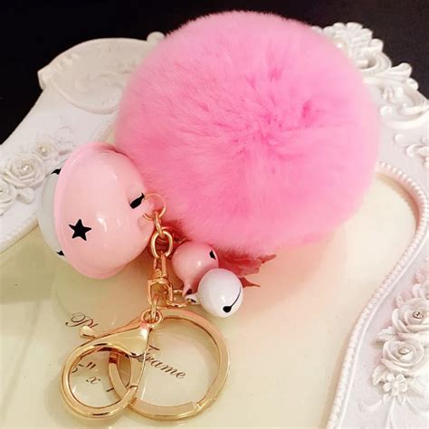 Women Cute Keychain Handmade Round Faux Rabbit Fur Ball Key Chain With ...