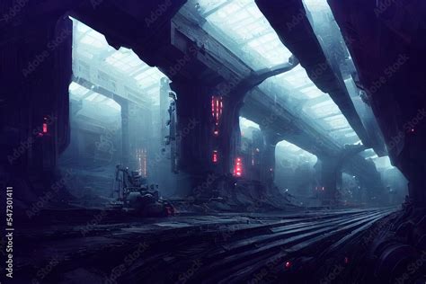 Lifeless gloomy underground city landscape with futuristic dystopia ...