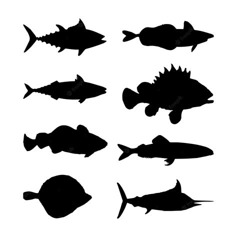 Premium Vector | Fish black and white silhouettes set of marine animals