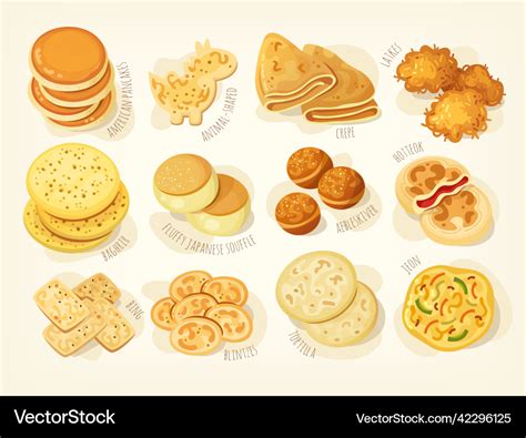 Various kinds and shapes of pancakes Royalty Free Vector