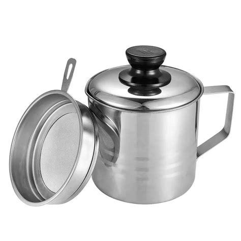 Oil Strainer Pot / Grease Can, 1.5 Quart Stainless Steel Oil Storage Can Container With Fine ...