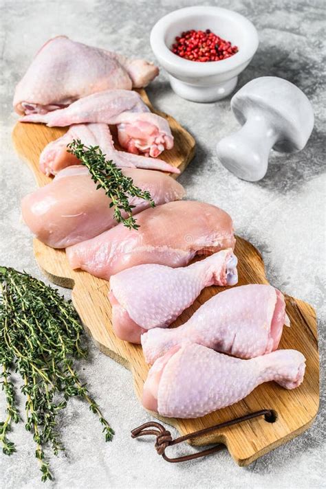 Different Types of Raw Chicken Meat, Poultry. Gray Background Stock Photo - Image of nutrition ...