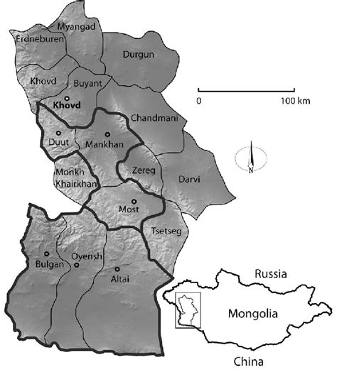 Khovd aimag and its soums, including the three Desert soums (Bulgan,... | Download Scientific ...