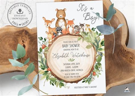 Woodland Animals Baby Shower Invitation, EDITABLE TEMPLATE, Greenery ...