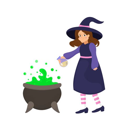 Cute witch pouring potion into witch's cauldron, Halloween illustration ...