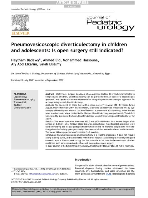 (PDF) Pneumovesicoscopic diverticulectomy in children and adolescents: Is open surgery still ...