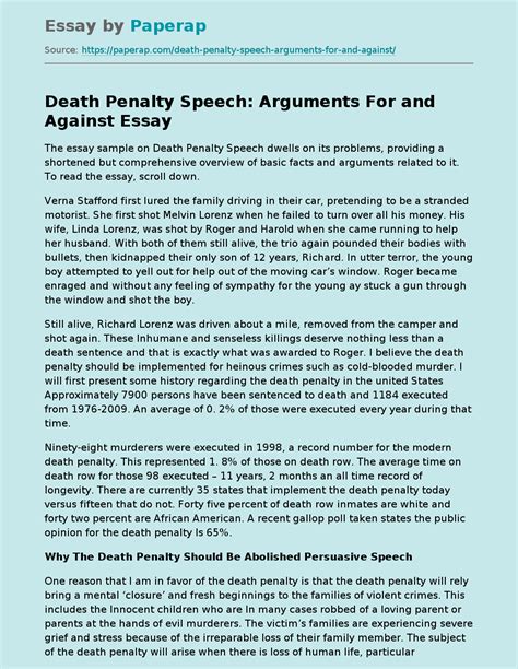 Death Penalty Speech: Arguments For and Against Free Essay Example