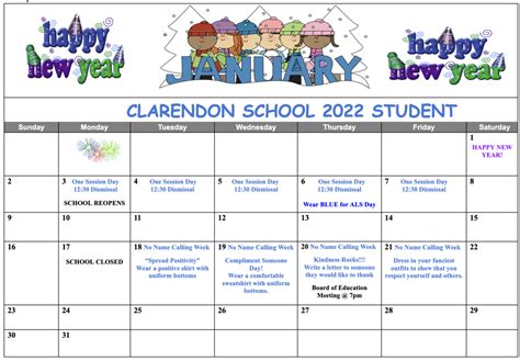 Clarendon January 2022 Calendar | Clarendon Elementary School