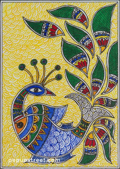 Pep Up Street - Yellow and Blue Peacock Madhubani Mithila Painting | Madhubani paintings peacock ...