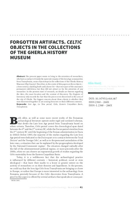 (PDF) FORGOTTEN ARTIFACTS. CELTIC OBJECTS IN THE COLLECTIONS OF THE GHERLA HISTORY MUSEUM | Alin ...