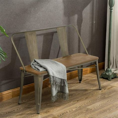 Erommy Metal Bench Industrial Mid-Century 2 Person Chair with Wood Seat ...