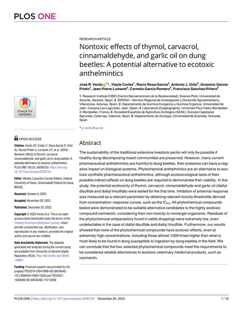 (PDF) Nontoxic effects of thymol, carvacrol, cinnamaldehyde, and garlic oil on dung beetles: A ...