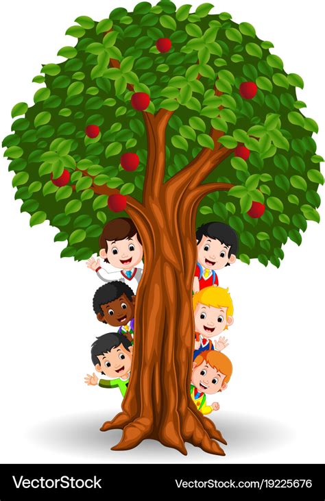 Kids playing in an apple tree Royalty Free Vector Image