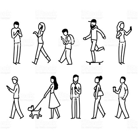 Diverse set of people walking in city street. Simple black and white... | People illustration ...