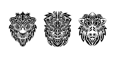 Lion illustration with black and white style. Lion face set. Vector ...