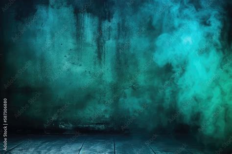 Horror green blue wall, grunge dark smoke texture, black haunted background for horror thriller ...