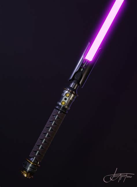 a purple light saber is lit up in the dark