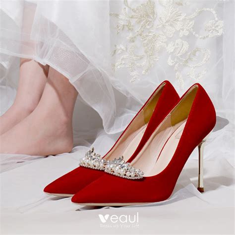 Chic / Beautiful Red Wedding Rhinestone Wedding Shoes 2021 10 cm Stiletto Heels Pointed Toe ...