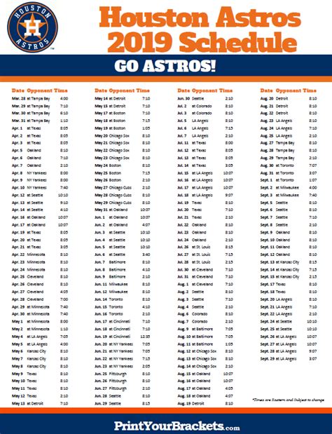 Houston Astros Printable Schedule