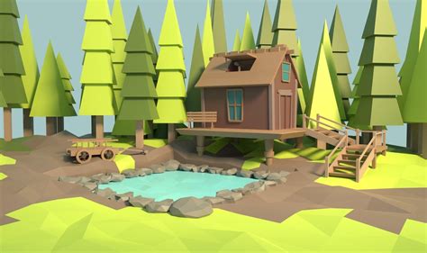 Low-Poly Forest House with Pond 3D model | CGTrader