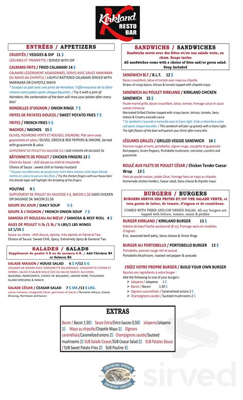 Kirkland Resto Bar menu in Pierrefonds, Quebec H9H 3C6, Canada