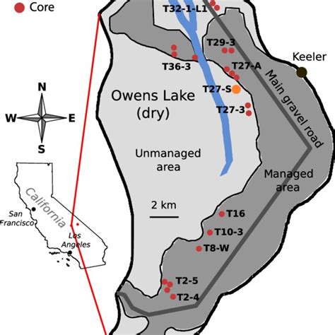 Schematic map of Owens Lake (California, USA) with locations of soil... | Download Scientific ...