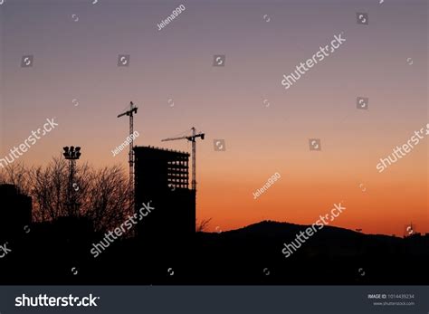 Construction Site Sunset Silhouette Skyscraper Cranes Stock Photo 1014439234 | Shutterstock