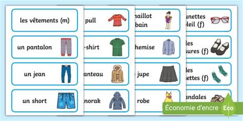 Cartes de vocabulaire : les vêtements