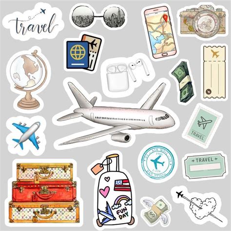 an assortment of travel stickers on a gray background with airplane, luggage and other items