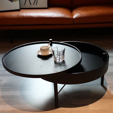 Luxury Modern Chic Round Wood Storage Coffee Table Black / Natural Rotating Accent Table,Modern ...