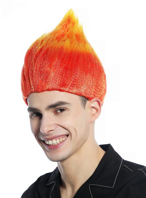 CW-057 Wig teased raised pointy red yellow tips closed flower bud troll puck fire demon devil