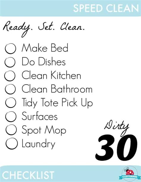 My Dirty 30 Speed Cleaning Routine - Kitchen and Bathrooms - Clutterbug