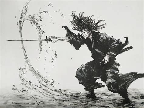 [Art] I tried drawing Miyamoto Musashi (Vagabond) using brush pen ...