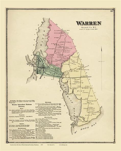 Warren Rhode Island 1870 Old Town Map Reprint with Homeowner Names ...