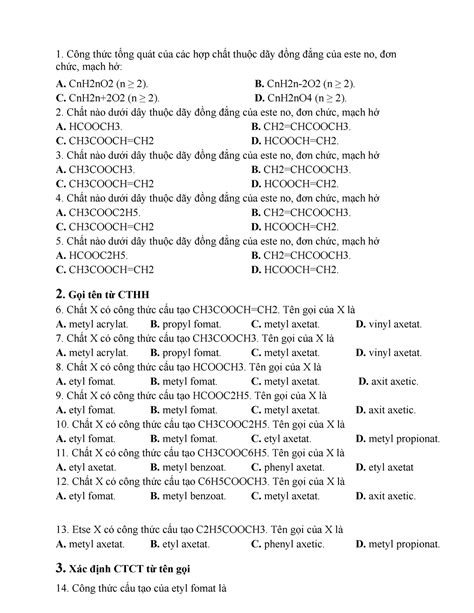 Bài tập este lipit - Công thức tổng quát của các hợp chất thuộc dãy đồng đẳng của este no, đơn ...
