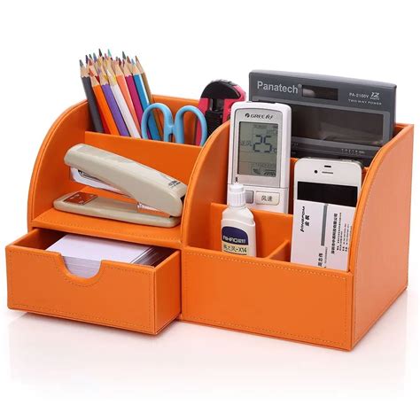 Orange 7 Storage Compartments Multifunctional PU Leather Office Desktop ...