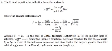 Solved The Fresnel equation for reflection from the surface | Chegg.com