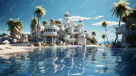 Premium AI Image | Saudi Arabian Golden Luxury Mansion on Island Blue