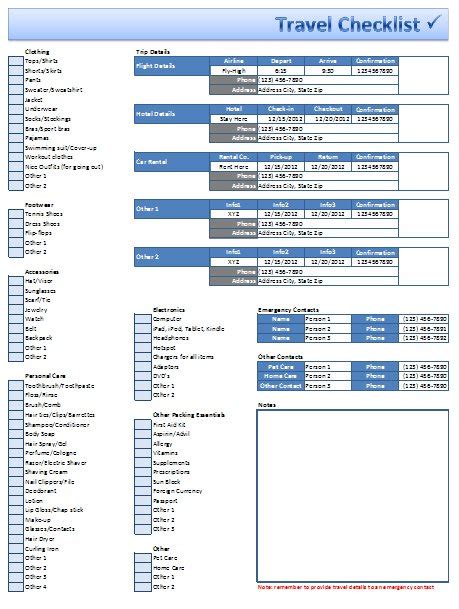 Free Excel Travel Checklist Template Download