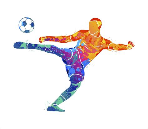 Abstract professional soccer player quick shooting a ball from splash of watercolors. Vector ...