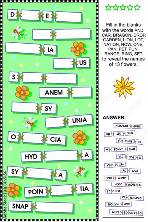 Word puzzle or word game: guess the names of various flowers. Answer included. Stock Vector ...