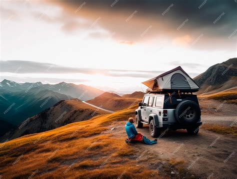 Premium AI Image | Person with a allterrain camping car with tent on the roof in a beautiful ...