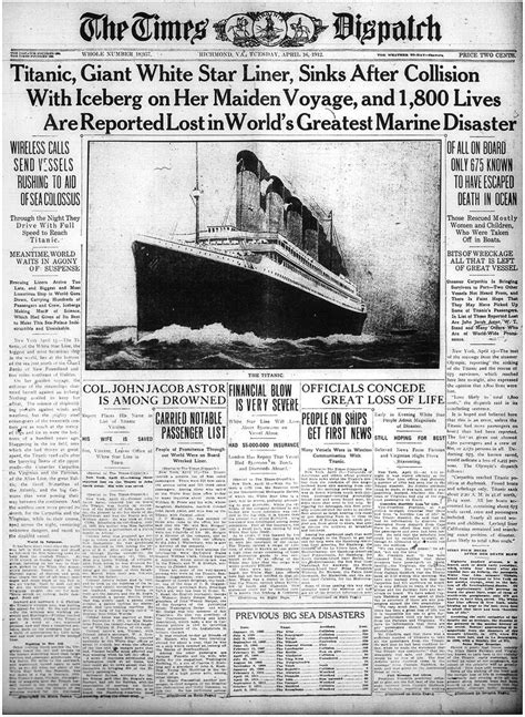 Titanic, Giant White Star Liner, Sinks After Collision | Titanic, Titanic ship, Vintage newspaper