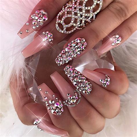 Love these blush colored rhinestone coffin nails. Acrylic nails. coffin shaped. neutral ...